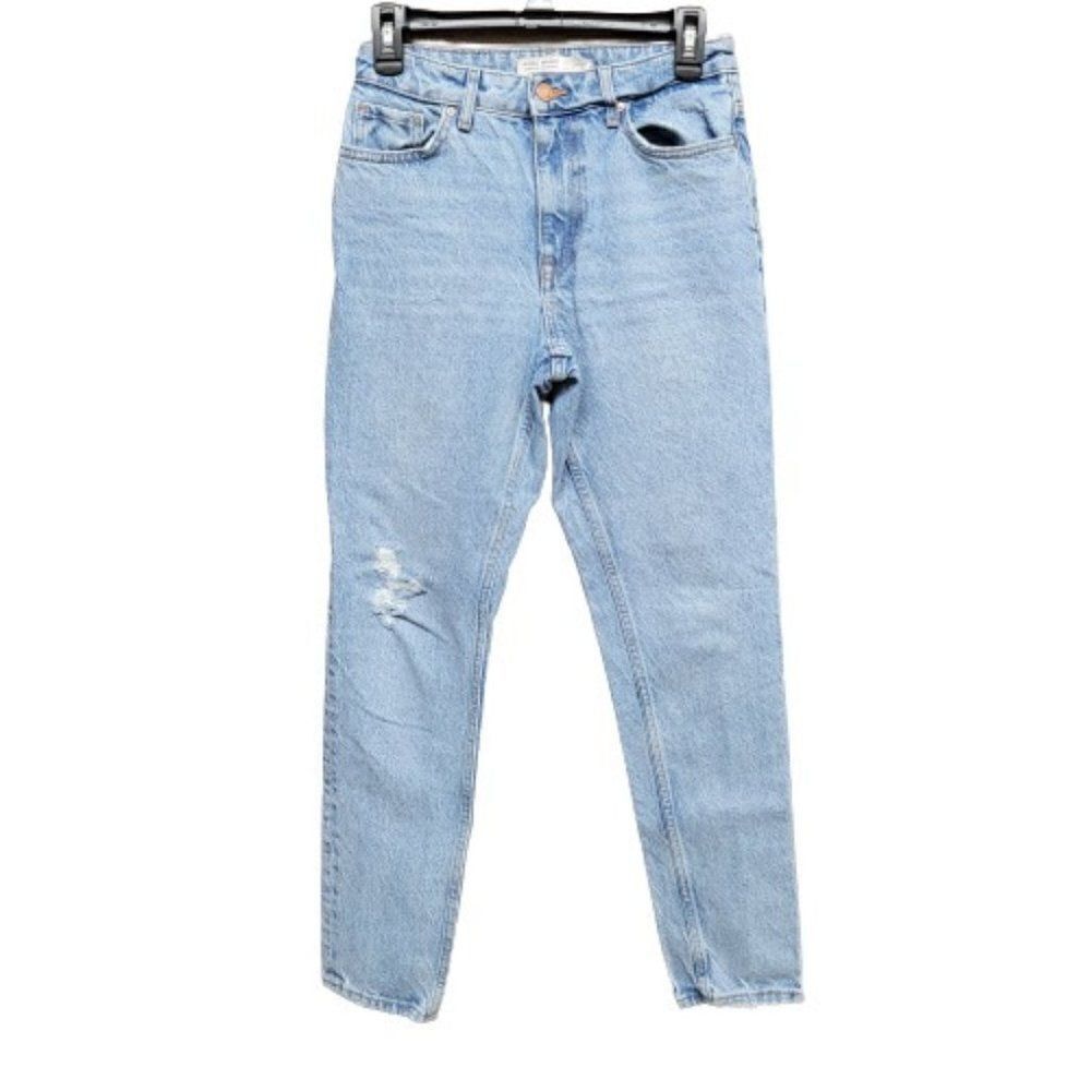 Zara Basic Denim Distressed Straight Tapered Mom High Rise Jeans Womens‎ 2 Blue